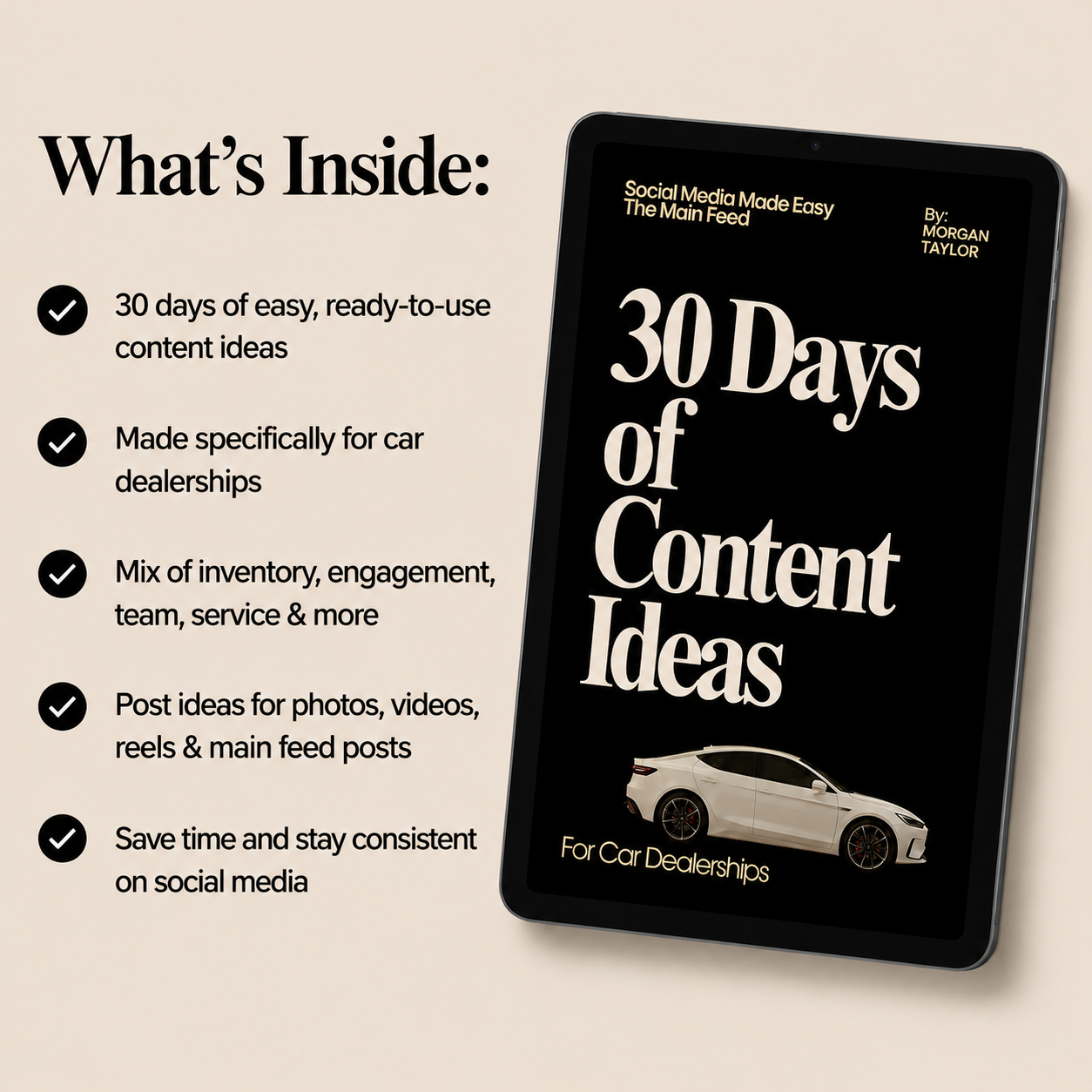 Ebook titled '30 Days of Content Ideas for Car Dealerships' on a beige background with text detailing its contents.