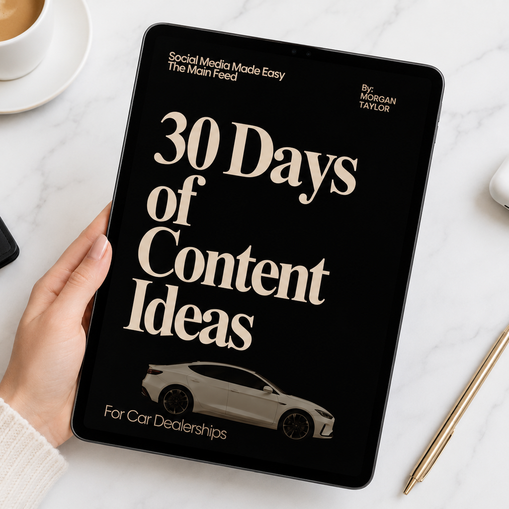 Book titled '30 Days of Content Ideas for Car Dealerships' held by a hand on a marble surface with a cup of coffee.